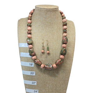 Unakite Necklace & Earrings Set Natural Gem Stone Beaded Olive Green Pink Coral